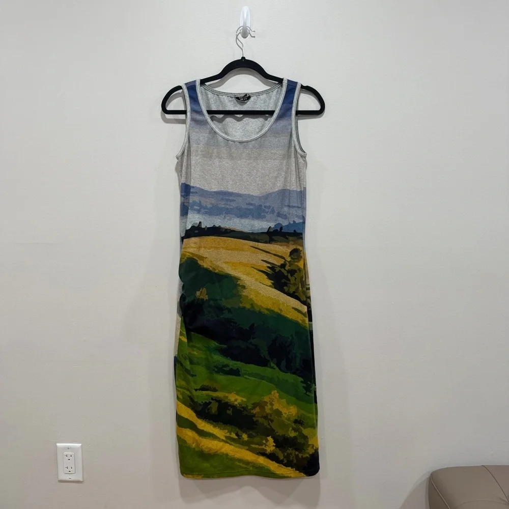 The Kit Scenic Print Ruched Bodycon Midi Dress Medium